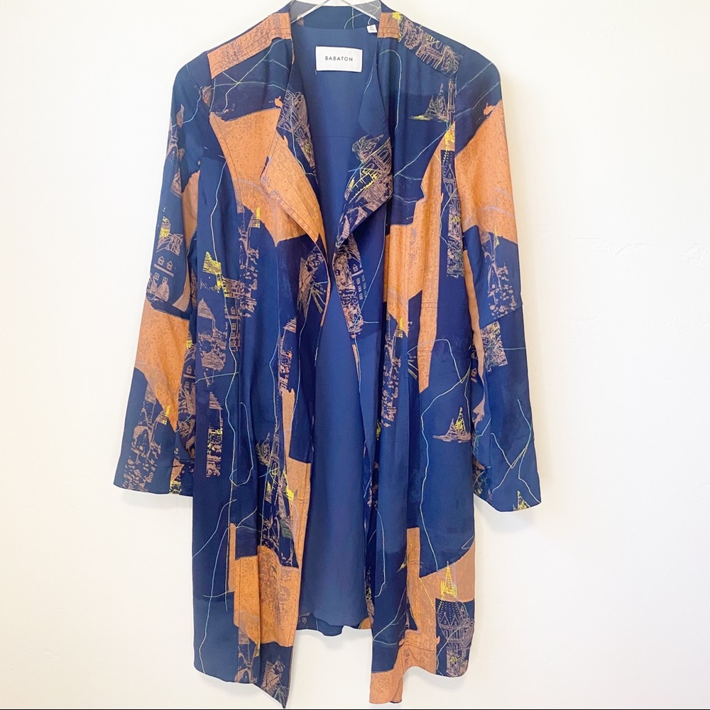 BABATON Anthro-like Duster Kimono Blazer Cardigan Trench Blue Orange sz XS - Picture 2 of 11